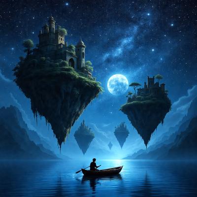 The primary subject of the image is a man in a boat, floating on a body of water. The setting is a nighttime scene with a moon in the sky, creating a serene and peaceful atmosphere. The visual style is a digital art or illustration, with the man and the boat being the main focus of the image. The colors and mood are predominantly blue and calm, with the moonlight adding a touch of warmth to the scene.